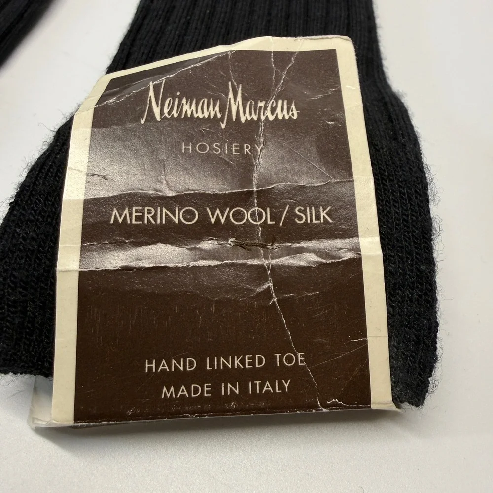 Vintage Neiman Marcus Socks Mens OS Black Merino Wool Silk Ribbed Italy 90s